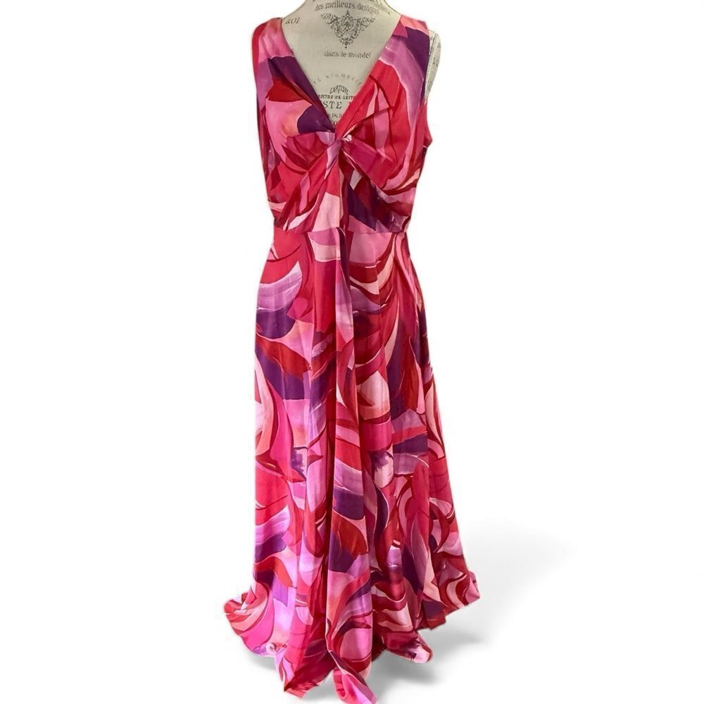 NWT Eliza J Crepe Swirl Print V-Neck Sleeveless Sheath Maxi Dress Fuschia 14
